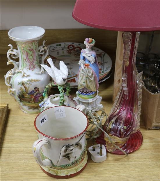 Mixed ornamental china including a frog mug and a glass dolphin lamp Lamp 60cm high